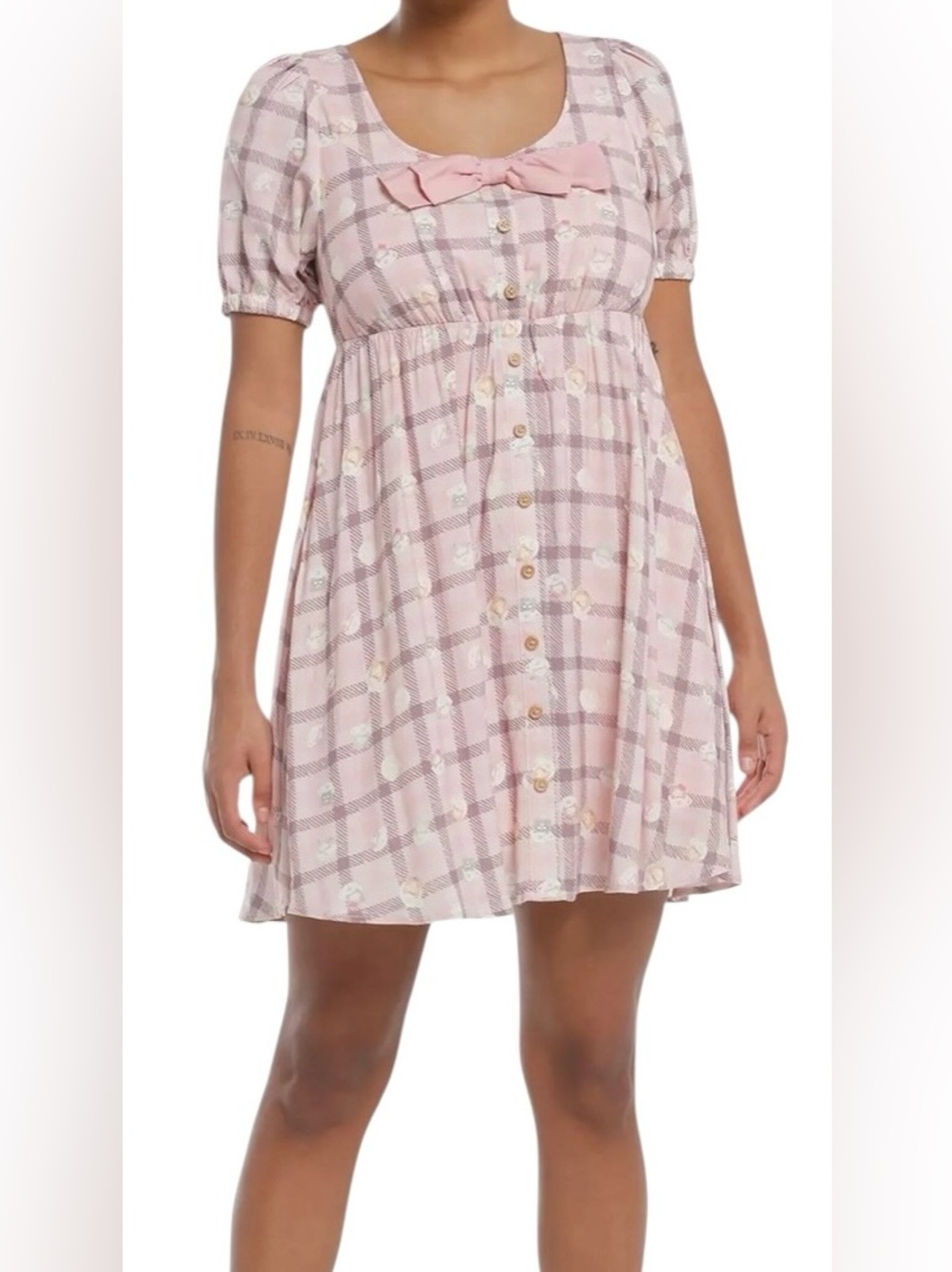 NWT Hot Topic Hello Kitty Babydoll Mini Pink Plaid Latte Bear Bow Dress Sz 2X